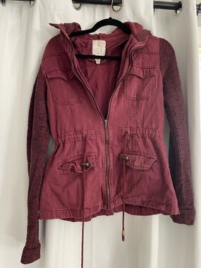 Full Tilt Women's Wine Hooded Utility Jacket with Knit Sleeves